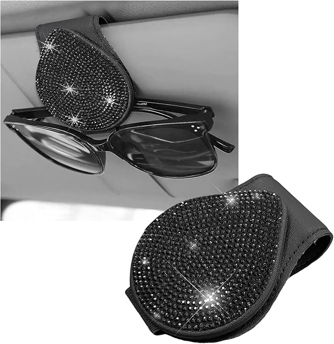 KVAEY Bling Sunglass Holder for Car Visor, Magnetic Leather Visor Clip Glasses Holder with Sparkling Rhinestones, Crystal Visor Ticket Card Clip for Women Girls, Car Accessories (Black)