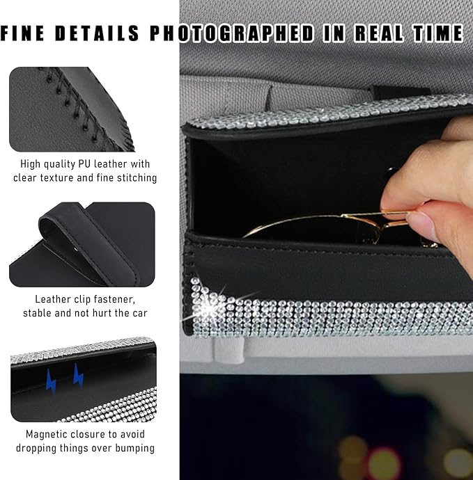 Ohleats Bling Sunglasses Holder for Sun Visor, Sparkling Glasses Sun Visor Organizer Case with Hidden Magnetic Closure, Auto Visor Crystal Eyeglasses Storage Case, Car Accessories (Bling White)