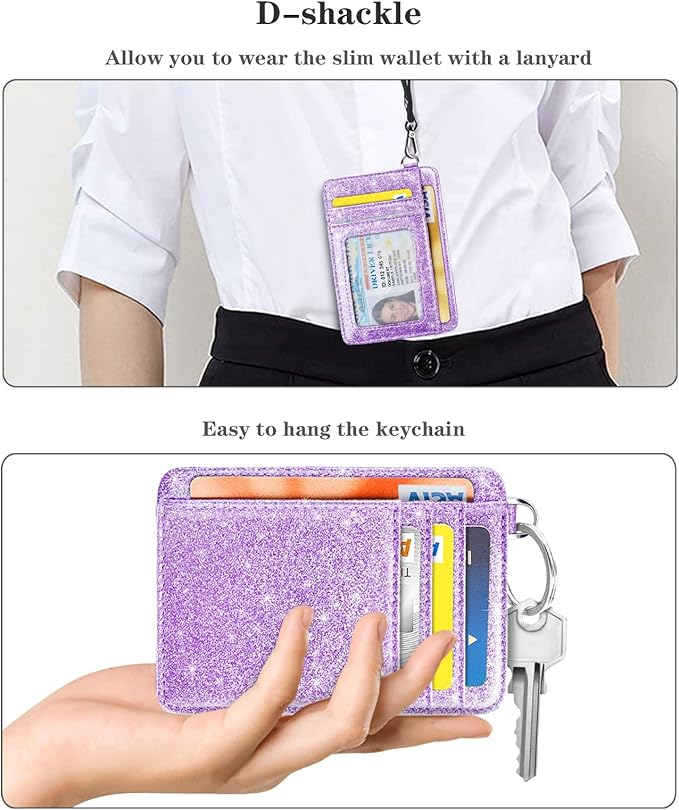 Coco Rossi Slim Front Pocket Wallet RFID ID Card Holder Cute Small Wallet with Keychian for Women,Purple Glitter