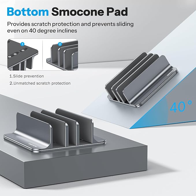 OMOTON Vertical Laptop Stand [Updated 3-Solts Version], Desktop Aluminum Mac Book Stand with Adjustable Dock Size, Fits All Mac Book, Surface, Chrome Book and Gaming Laptops (Up to 17.3 inch), Grey