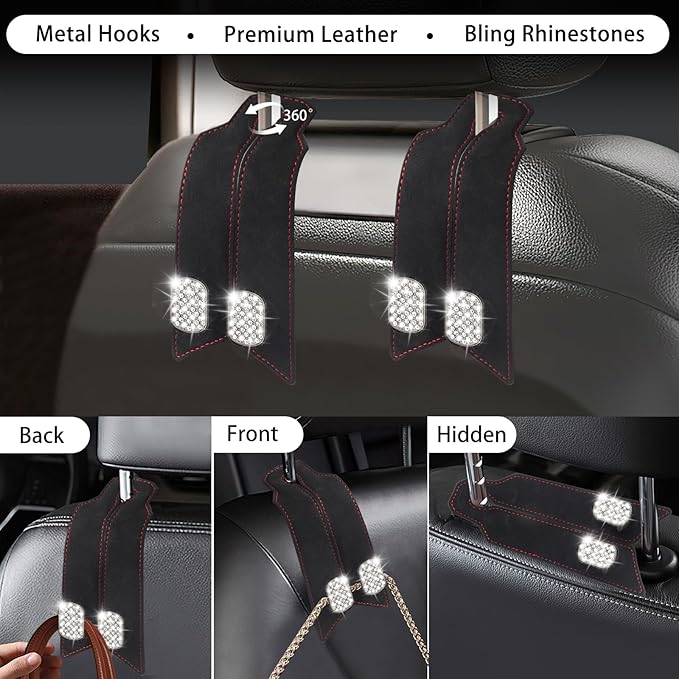 2Pcs Bling Car Headrest Hooks, Premium Leather & Sparkling Rhinestone Dual Metal Hooks, Back Seat Organizer for Bags, Coats, Purses and Groceries (Crystal Black)