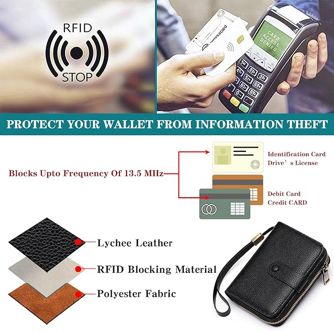 GAEKEAO Leather Credit Card Holder Wallet for Women RFID Blocking Large Capacity Bifold Zipper Card Case Organizer with Wristlet 32 Slots