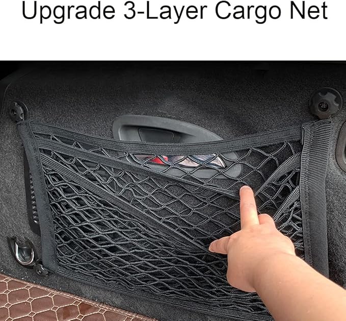 [2 Pack] Upgrade 3-Layer Small Cargo Net for Trunk RV Boats Home Storage Stretchable Mesh Pocket Net with 4 Mounting Screw and Built-in Hooks 18 x 9.8 inch