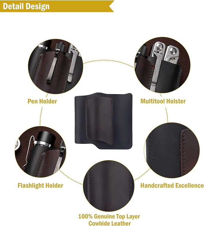 VIPERAED PJ38 Leather Multitool Sheath for Men, 4-in-1 Utility Leather Holster, EDC Pocket Organizer for Pocket Knife Multitool Flashlight and Pen