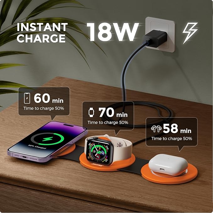 Hicober 3 in 1 Wireless Charging Station for Apple Watch and iPhone Air 17 16 15 14 13 12 Pro Max/Plus, Magnetic Foldable Wireless Travel Charger Station Stand for Airpods iWatch All Series Orange