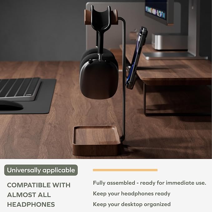 muso wood Walnut Headphone Stand, Wood Headset Stand with Storage Base, Headphones Holder for Gaming, Office, and Home Desk - Compatible with AirPods Max, Bose, Razer (Black)
