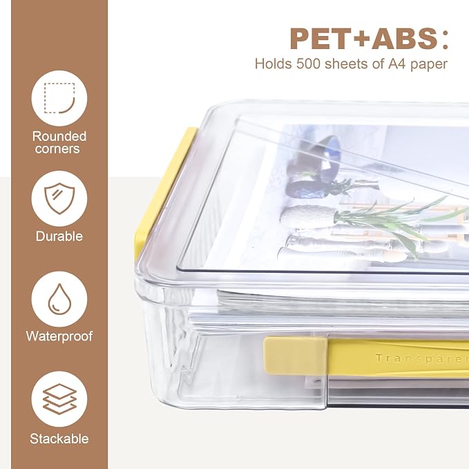 Clear Storage Boxes with Lid - A4 Transparent Paper Storage Organiser with Handle and Portable Project Case Organizer for Storing Certificates, Scrapbook, Toys, and Invoices (Yellow Handle)