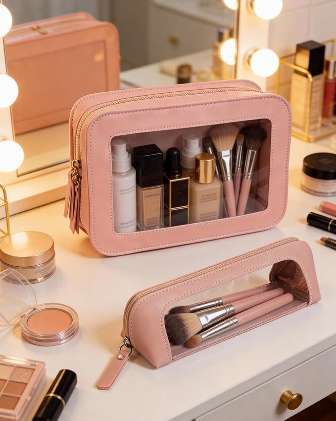 LETGO 2Pack Clear Makeup Bags Set, Clear Travel Makeup Brush Holder, Portable Leather Travel Toiletry Bag Pink Car Accessories for Women