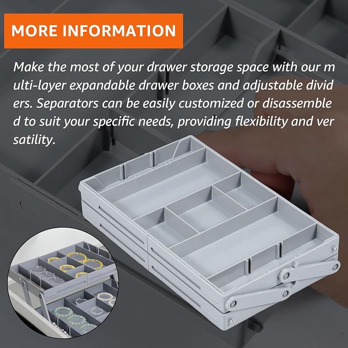 2/3 Tier Drawer Organizer Collapsible Drawer Organizer Tray, Expandable Junk Drawer Organizer, Multi Level Dresser Drawer Organizers Adjustable Storage Trays for Makeup, Jewelry (Single Row 2 Tiers)