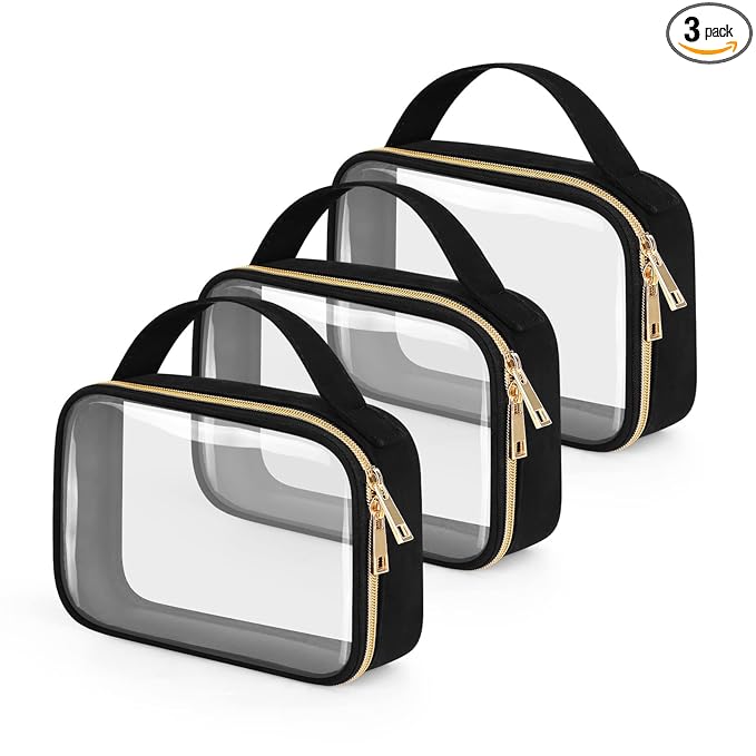 Wedama TSA Approved Toiletry Bag, 3 Pack Clear Makeup Bags with Handles, Quart Size Clear Toiletry Bags, PVC Cosmetic Bags for Women and Men, Carry on Airport Airline Compliant Bag, Black