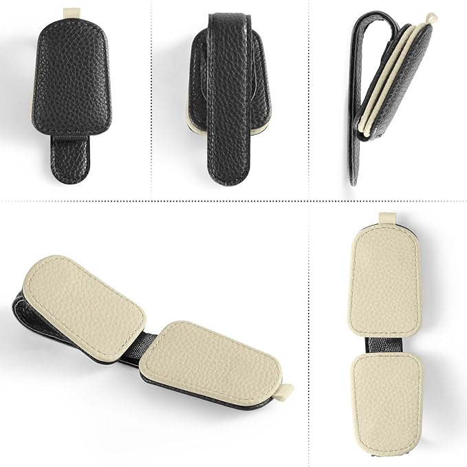 SINGARO Sunglasses Holder for Car, Leather Magnetic Buckle Sun Visor Sunglass Clip, Ticket Card Storage Glasses Clip, Car Interior Accessories for Men and Women（2PCS Black-Beige）