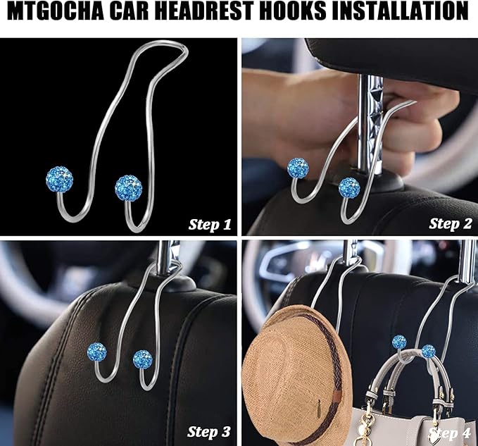 MTGOCHA Bling Purse Hook for Car Headrest, Upgraded Cute Car Seat Hooks for Bag Handbag, Durable Stainless Auto Purse Hanger Holder 2 Pack, Light Blue