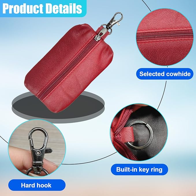 Leather Car Key Case Holder, Auto Smart Key Fob Protector Pouch with Zipper, Universal Unisex Keychain Wallet (Red)