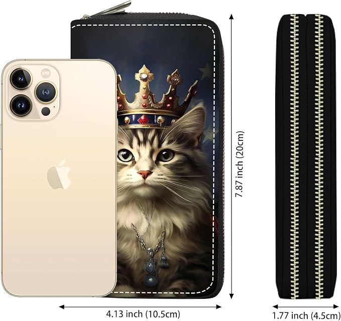 Women's Large Capacity Wallet PU Leather Double Zipper Clutch Purse Multifunctional Wallet with Removable Wristlet Strap for Smart Phone/Coin/Card/Cash, Cat Wearing Crown