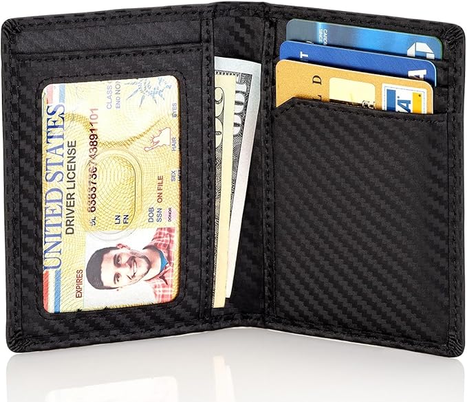 Stealth Mode Men's Slim Front Pocket Wallet - RFID Blocking, Thin Minimalist Design, Genuine Leather - ID Badge Window and 5 Sleeves for Money, Credit Cards, Driver License (Carbon Fiber Leather)