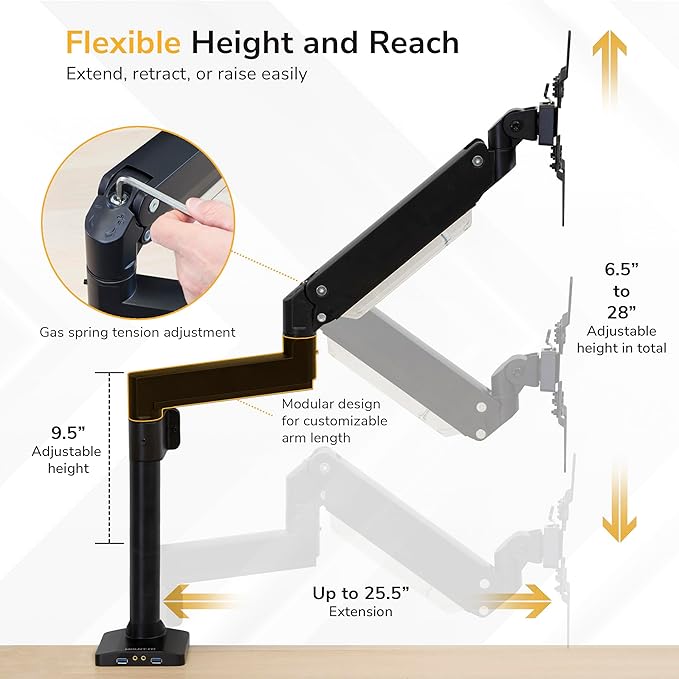 Mount-It! Ultrawide Monitor Arm, Heavy-Duty Gas Spring Desk Mount for 17??5??Curved Screens up to 33 lbs, Full Motion Height Adjustable Monitor Arm with USB 3.0 & Audio Ports, VESA 75/100/200