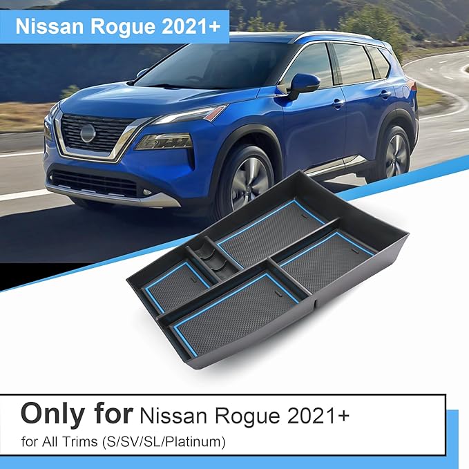2021-2026 Rogue Center Console Organizer Lower, for Nissan Rogue (S/SV/SL/Platinum/Rock Creek/Dark Armor), Durable ABS &Anti-Slip Rubber Console Tray Insert 2026 2025 Rogue Accessories (Blue)