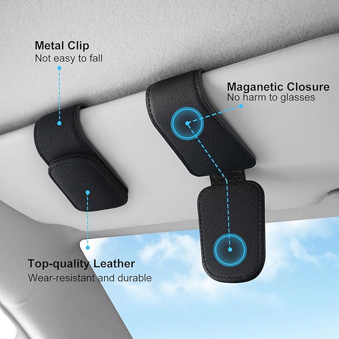 TCJJ Sunglasses Holders for Car Visor,Car Magnetic Glasses Holder Leather Sunglasses Clip and Ticket Card Clip Suitable for Car Interior Visor and Different Size Eyeglasses(Black/2)