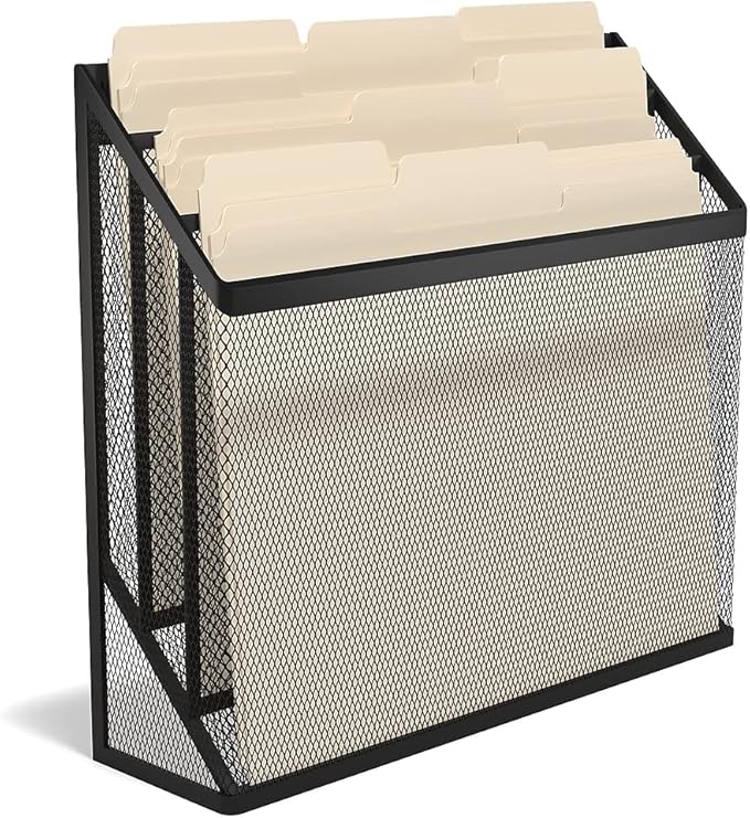 TRU RED Wire Mesh File Organizer, 3‑Compartment, Matte Black – Vertical Desktop Sorter for Files, Folders & Mail