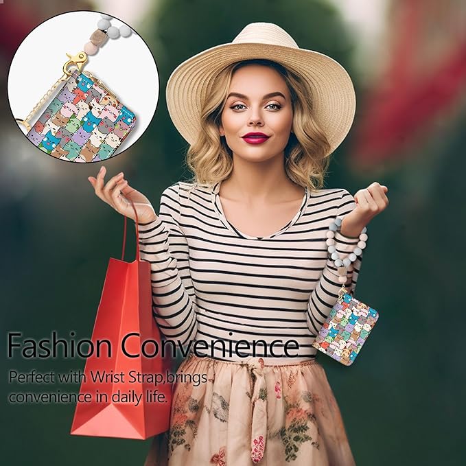 Blusabaca RFID Credit Card Holder Wallets for Women, Small Cat Card Case Wallet with Removable Keychain and Zipper, Leather Card Holder Pocket Business Card Accordion Wallet