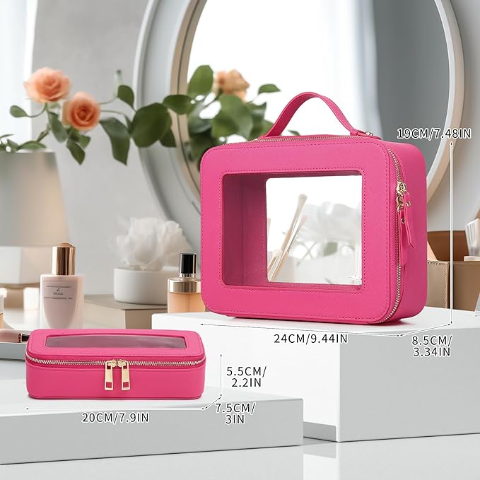 Pinkmik Travel Clear Makeup Bag with Brush Bag Portable Cosmetic Bag Case Transparent Toiletry Bag Cosmetic Organizer Storage Bag for Wome (X/Fuxia, L+SLIM)