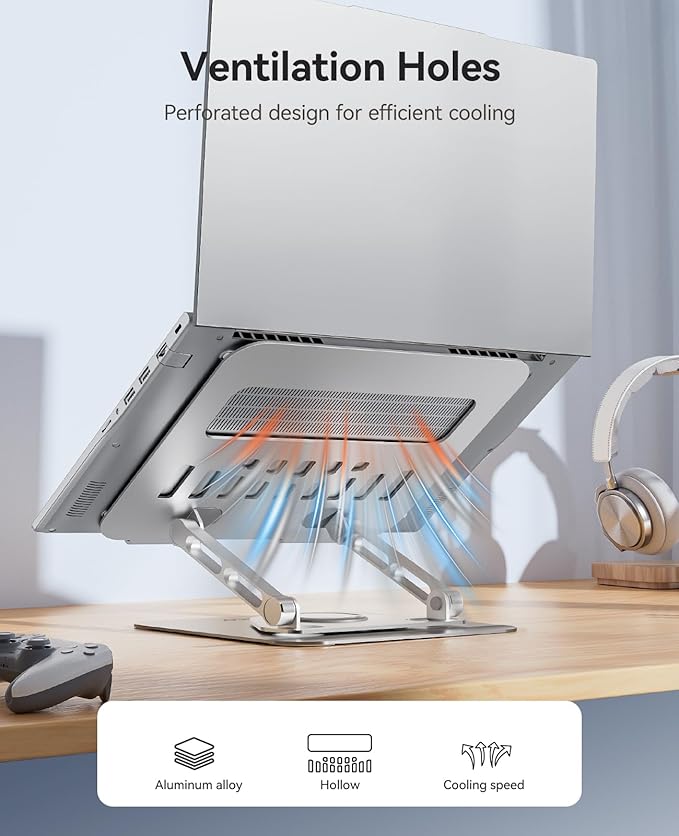 ORICO Adjustable Laptop Stand for Desk, 360° Rotating Base, Foldable Aluminum Alloy Computer Stand with Ventilated Design, Compatible with MacBook Air/Pro, Dell, XPS, HP up to 17'' - ST12, Silver