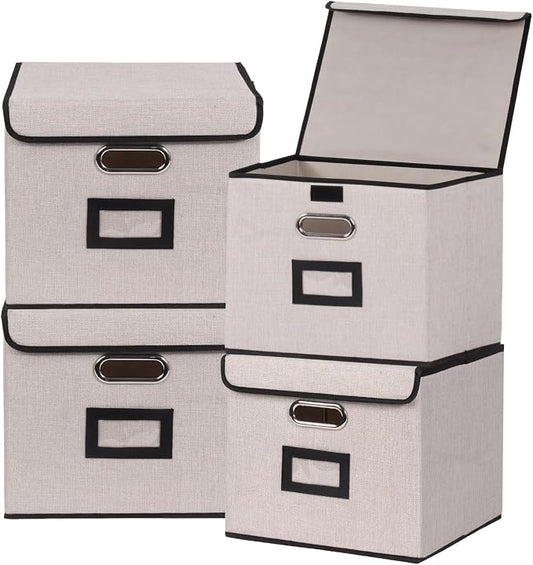 Large Square Storage Bin with Lid, Foldable Organizer Box with Handles & Label Design, for Office, Closet, Home, Documents, Grey, 12.20 x 10.63 x 10.63 Inches, 4 Pack