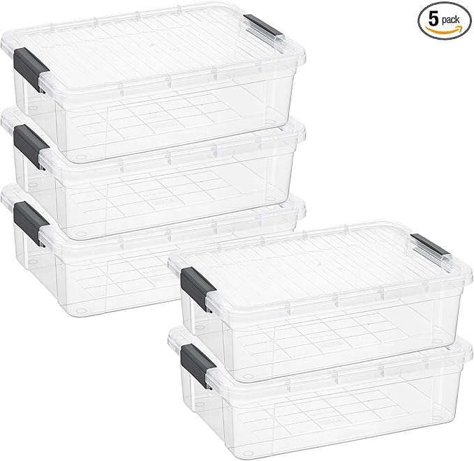 Superio Clear Storage Boxes with Lids, 13.7 Quart Plastic Container Bins for Organizing, Stackable Crates, BPA Free, Non Toxic, Odor Free, Organizers for Home, Office and Dorm, 5 Pack