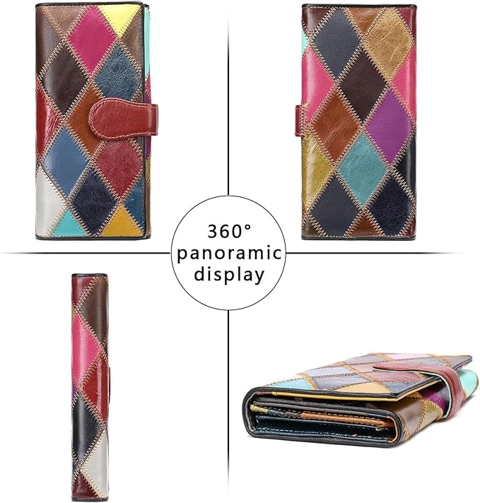 MASIWEI Genuine Leather Patchwork Wallet for Women Multicolor Trifold Wallets Ladies Card Holder Money Organizer with Coin Purse