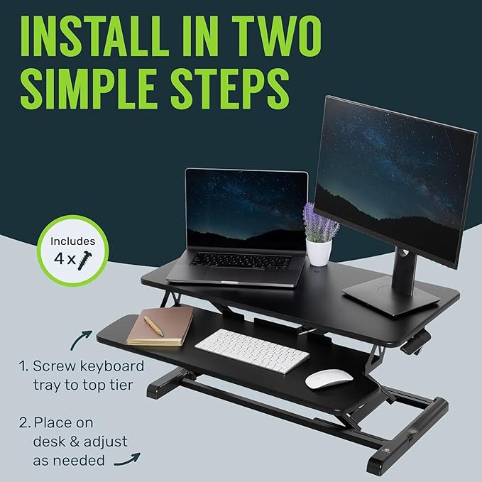 TechOrbits OF-S06-2 Desk Converter-37-inch Height Adjustable, MDF Wood, Sit-to-Stand Rise-X Pro Black, 36"