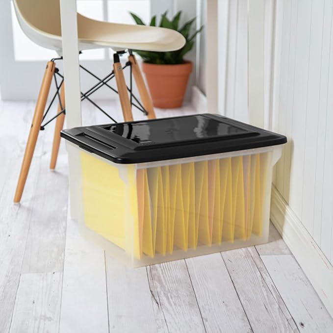 Sterilite File Box, Stackable Storage Bin with Lid, Organize Receipts, Bills, Taxes and Papers in the Home, Office, Clear Base with Black Lid, 16-Pack