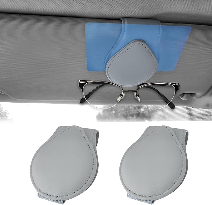 Sunglasses Holder for Car Visor, Car Sun Visor Clip, Magnetic Leather Sunglass Eyeglass Hanger Clip, Universal Car Accessories Ticket Card Storage Glasses Clip Fit Men and Women (Gray)