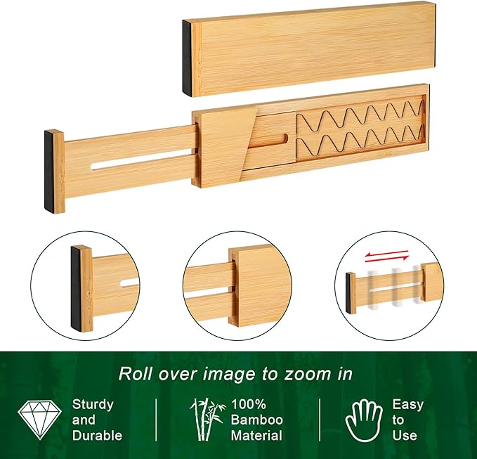 4 Pack Bamboo Drawer Dividers Organizer with Inserts 2.6'' High, Expandable from 12.5-21.7", Adjustable Drawer Organizer Separators for Utensils, Clothing, Office, Dresser, Bedroom, (Beige)