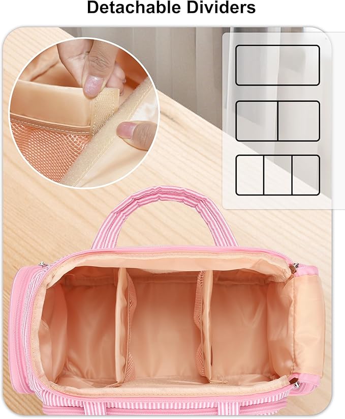 Travel Makeup Bag, Lightweight Wide-open Toiletries Bag for Women, Large Cosmetic Organizer Bag with Makeup Brushes Compartment for Travel-Sized Essentials for Trip, Camping - Pink Strip