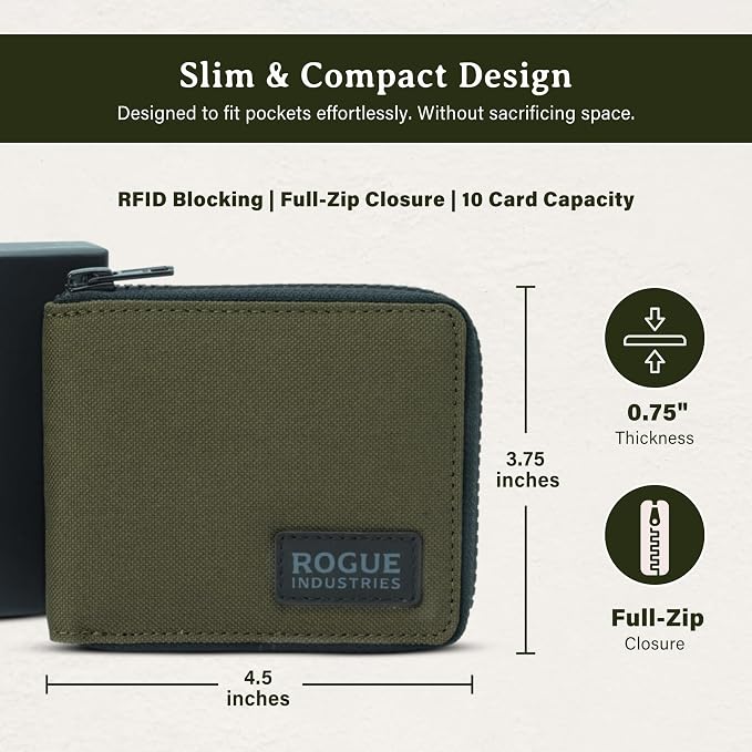 ROGUE WALLET Interior Genuine Leather Wallets for Men - RFID Blocking Robust Outer Nylon Wallets - Full Cash Slot and Expandable Coin Pouch - Gift for Men (Khaki)