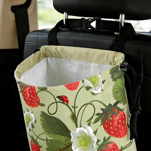 Strawberries and Leaves Car Trash Bag - Waterproof Car Trash Bag Hanging Leakproof Car Garbage Bag - Washable Reusable Trash Bag For Car Interior Hanging Organizer Storage Vehicle Travelling Camping