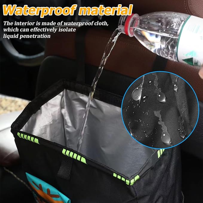 Car Trash Bag, Leak-Proof Large Capacity 3.4 Gallons Hanging Vehicle Trash Bin with Storage Pocket, Multipurpose Portable Auto Garbage Bag for Travel, Universal Fit (Black)