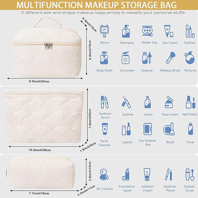 3 Pieces Quilted Cotton Makeup Bag,Large Capacity Cosmetic Organizer for Travel,Portable Cute Toiletry Pouch for Women,Makeup Artists,Organizing Enthusiasts,White Shell