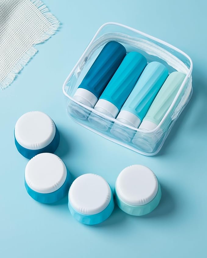 Mrsdry Travel Size Toiletries 8 Pack, TSA Approved 3oz Silicone Squeeze Bottles & Cream Jars with Clear Travel Bag