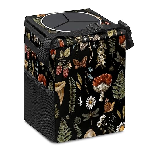 Car Trash Can with Lid Vintage Botanical Mushrooms Collapsible Reusable Leak-Proof Auto Garage Bag,Hanging Vehicle Car Accessories Interior Car Organizer