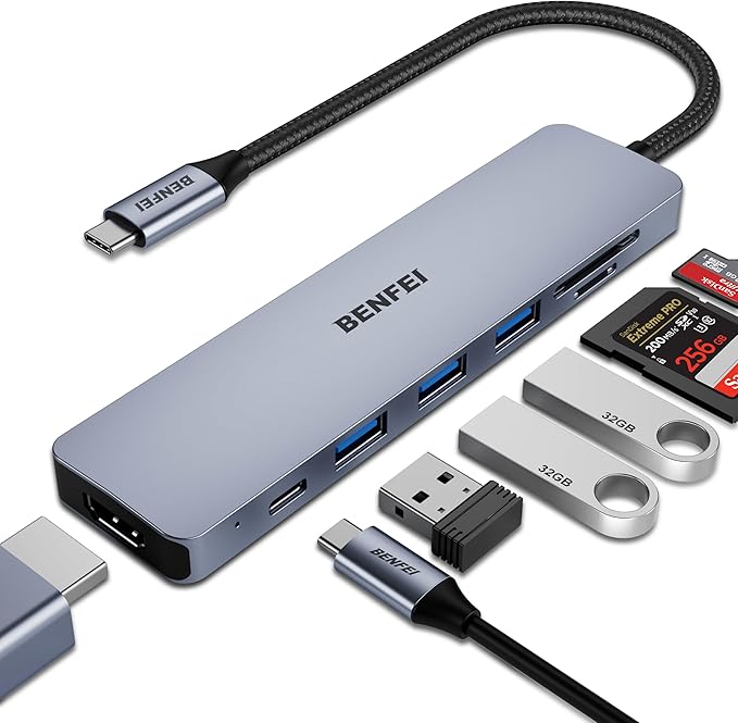 BENFEI USB C HUB 7-in-1 with HDMI(4K@60Hz,Certified), 100W Power Delivery, 3*USB 3.0, SD/TF Card Reader(160MB/s) Compatible with iPhone 15 Pro/Max, MacBook, iPad Pro, iMac, S23, XPS17