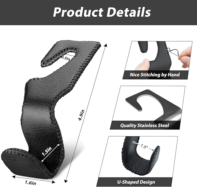 Car Purse Holder - Leather Vehicle Storage Hanger Hook for Purses and Bags, 2 Pack Black