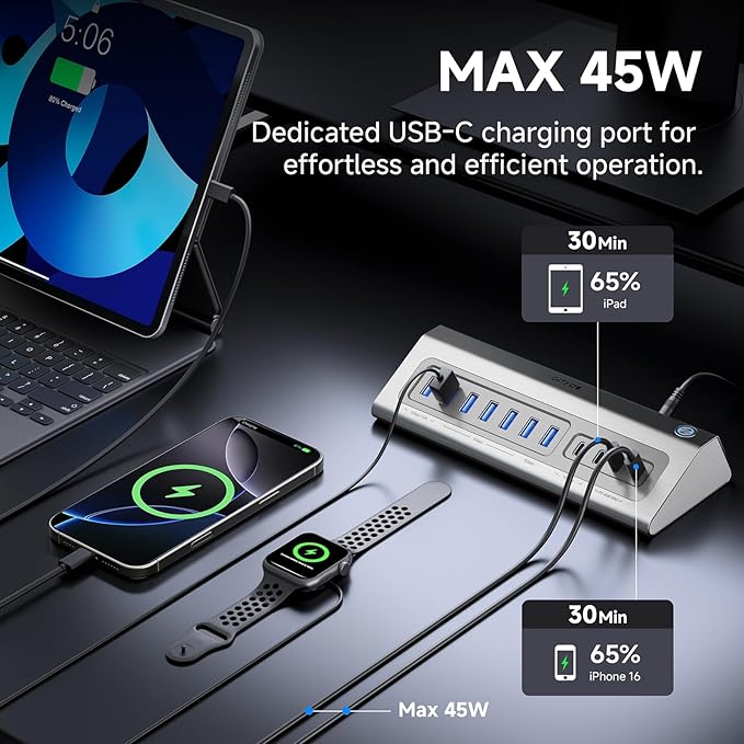 Giftos Powered USB Hub, 18 in 1 USB 3.2 Hub with 4K HDMI,PD 100W,45W Charge,10Gbps USB,SD/TF,Audio, 65W Adapter,3.3FT Cable,Aluminum,Smart Button, USB Hub for PC,Mac,Mac mini, iMac,iPhone 17/16,iPad