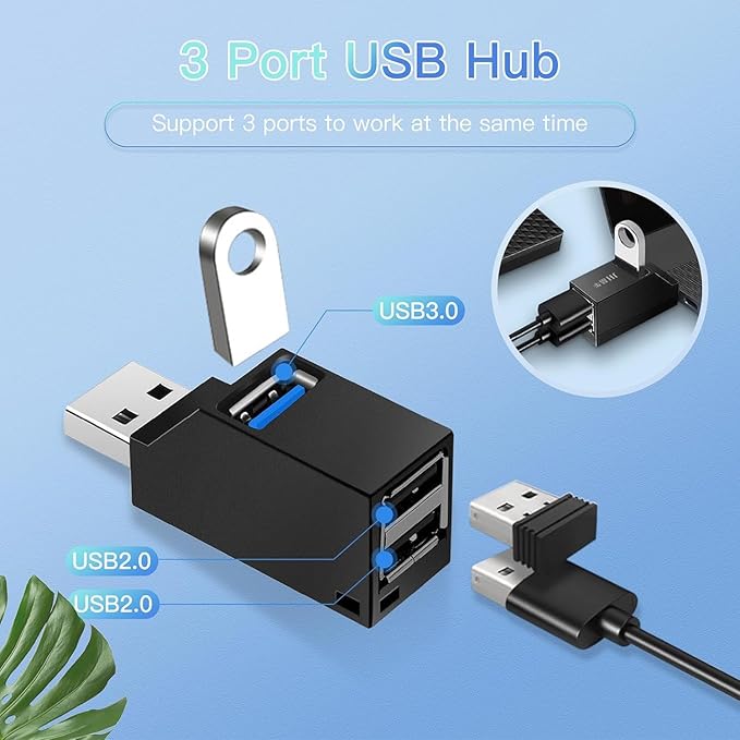 4-Port USB 3.0 Hub [90°/180° Rotatable], USB Splitter with 1 USB 3.0 Port, 2 USB 2.0 Ports, and 1 USB C Data Port, USB Extender for Laptops, Cars, Surface go, Mac, MacBook Air/Pro, and Other Devices