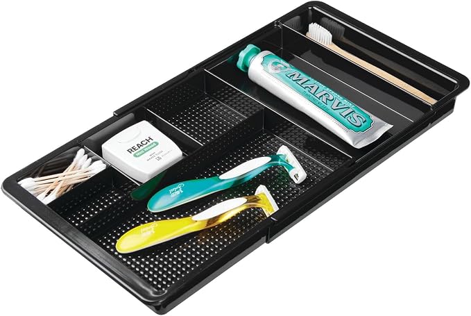 mDesign Expandable Plastic Drawer Organizer and Storage Container for Office Supplies - Gel Pen Pencil, Marker, Stationary, Desk Supply Holder for Drawers and Desktop - Lumiere Collection - Black