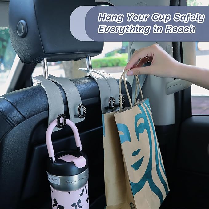 Car Headrest Hooks Universal Car Purse Hook Premium Leather and Alloy Twin Hook Car Seat Back Storage Hanger Hook for Purse Bags Cloth Drink Durable Holder Car Accessories (BH09-Grey-Black)