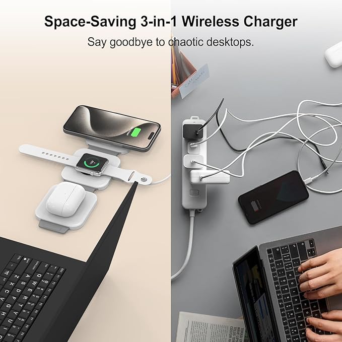 3 in 1 Wireless Charging Station,Foldable Magnetic Wireless Charger for Apple Devices,Travel Charging Pad for iPhone 17 16 15 14 13, Watch & AirPods,Fast Charging Station for Home Office Travel(White)