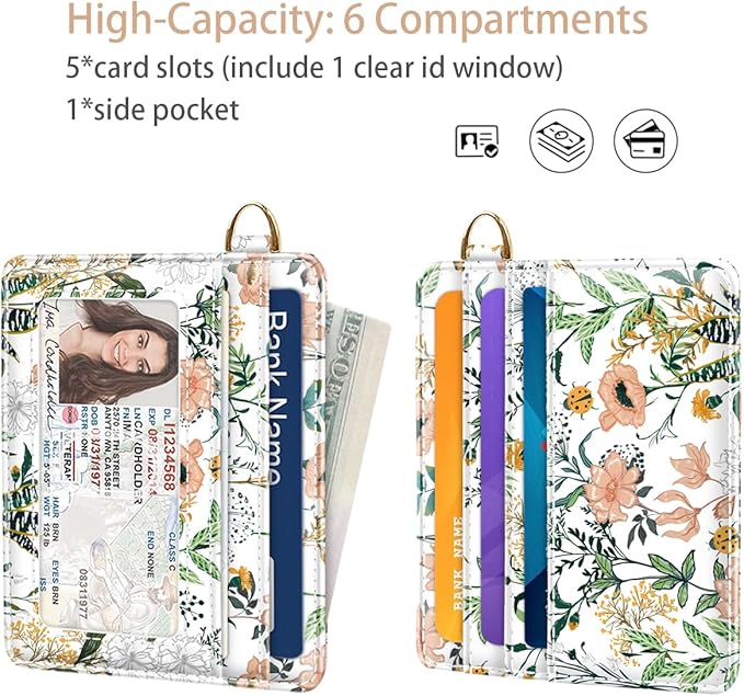 Slim Minimalist Front Pocket RFID Blocking Credit Card Holder Small Wallet Cute Card Cases for Women,White Flowers
