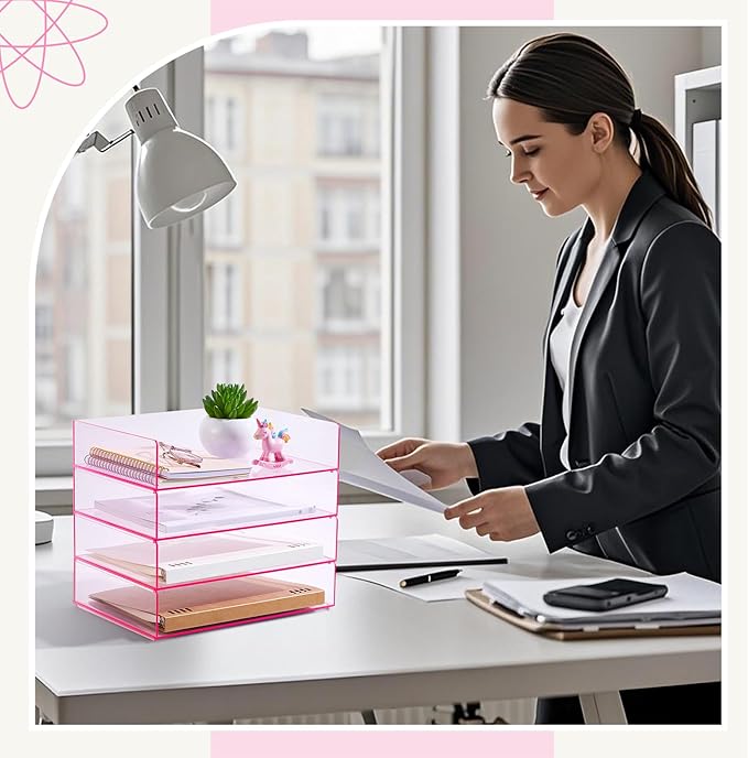 Harloon 4 Tier Paper Organizer Letter Tray Pink Acrylic Desk File Organizer Stackable Documents Letter Clear Paper Holder Sorter Office Tray for A4, Modern Office Classroom Home File Pad Books Notes