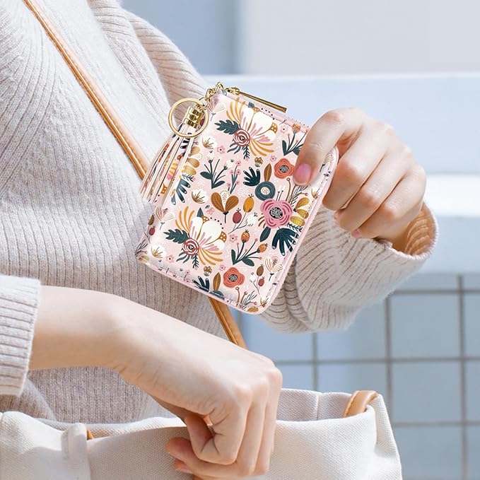 Coco Rossi Leather Credit Card Wallet for Women, RFID Blocking Zipper Cards Holder with Tassel, Pink Flowers